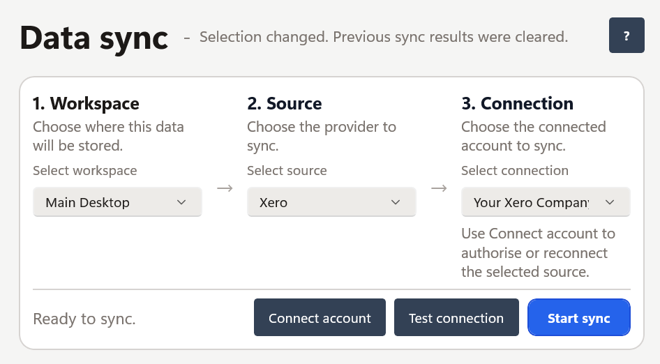 Datplan Data Sync screen with Xero selected and a Xero company connection ready to sync