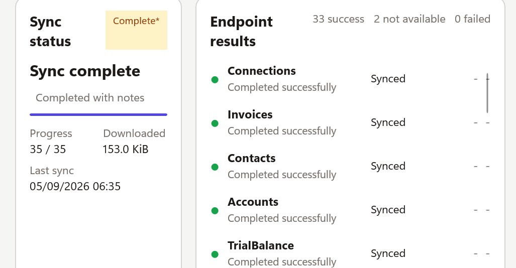 Completed Datplan Xero sync showing endpoint results and zero failed endpoints in this example