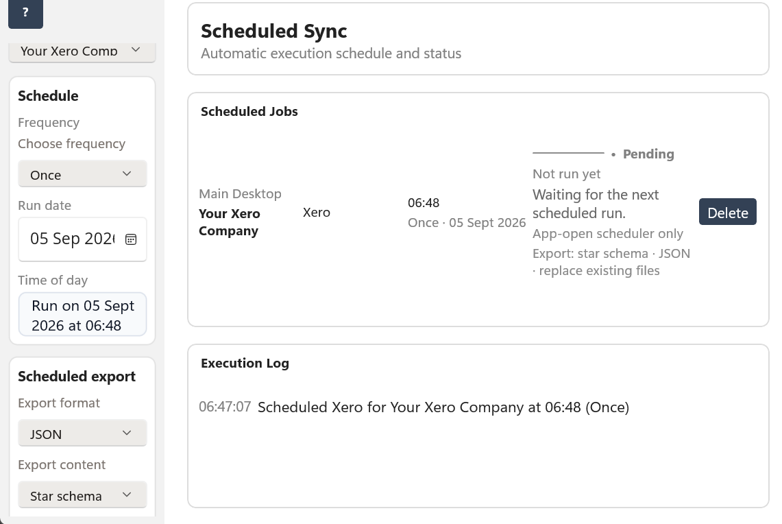 Datplan Scheduled Sync screen showing a pending Xero job configured for a star-schema JSON export