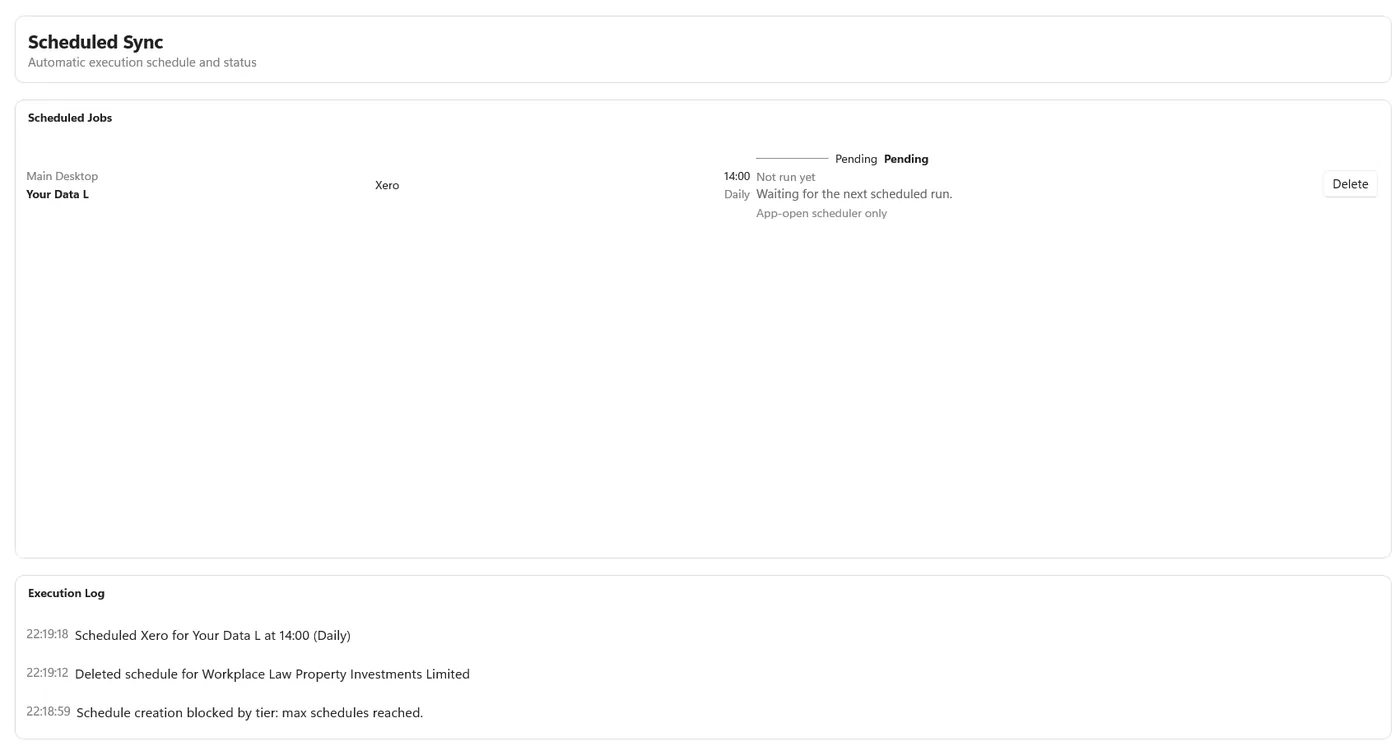 Datplan DataPull scheduled sync page showing scheduled jobs and execution log