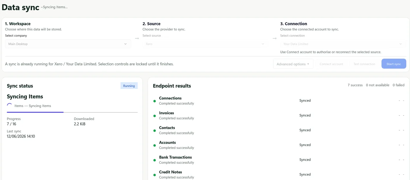 Datplan DataPull API sync page showing workspace, source, connection, sync status and endpoint results