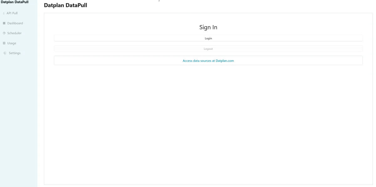 Datplan DataPull sign-in screen with navigation for API Pull, Dashboard, Scheduler, Usage and Settings