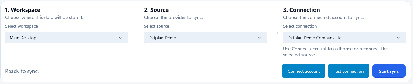 Datplan DataPull setup showing workspace, source and connection selected before starting a sync